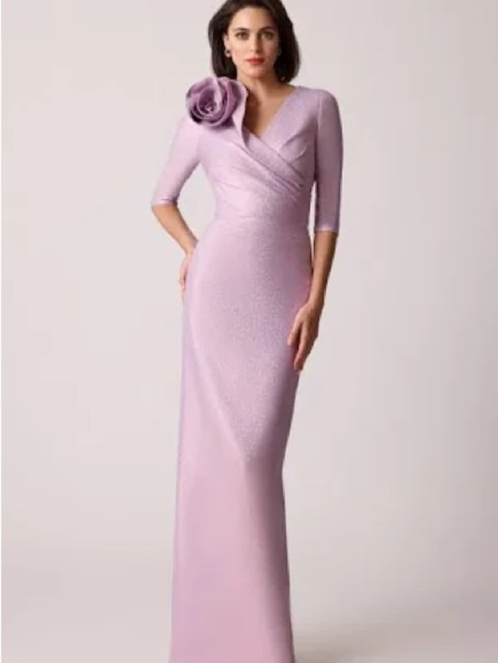 Teri Jon Lavender Wrap-Front Maxi Gown with Floral Shoulder